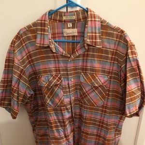 Oscar De La Renta Men Button Up Short Sleeve Shirt -Pink Blue Plaid size XL